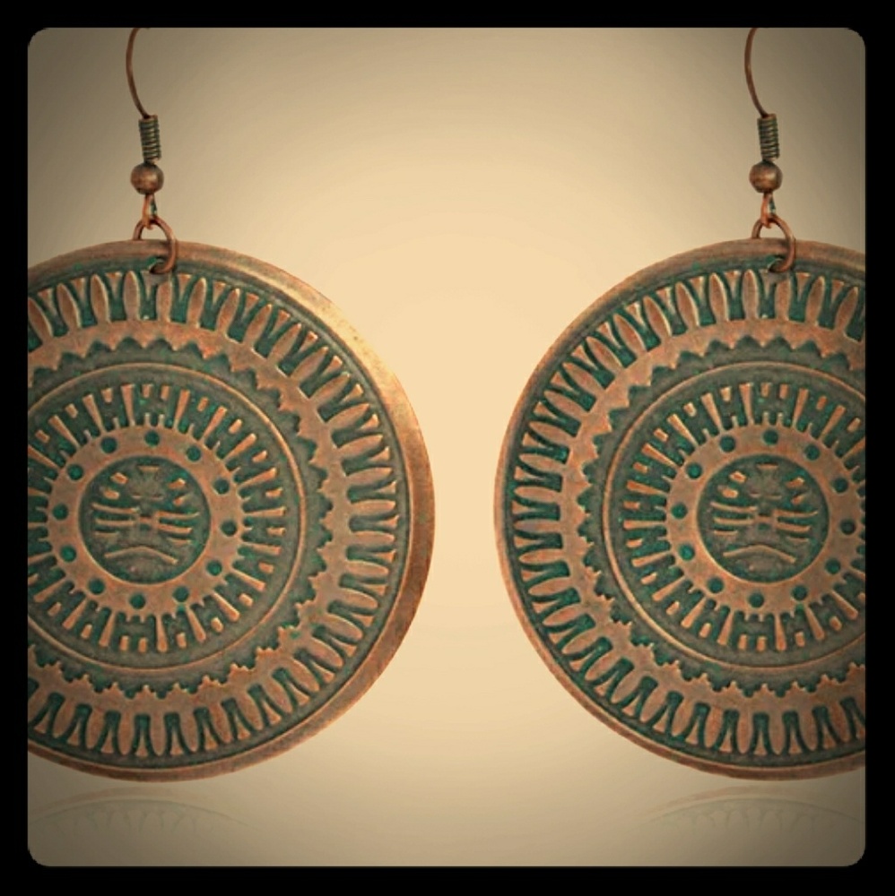 Large Cross Product Bohemian Carved Coin Earrings - Picture 4 of 5